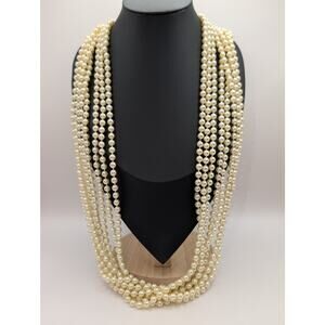 Multi-Strand Cream Faux Pearl Statement Necklace with Gold-Tone Accents